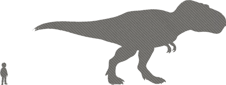 Shadow shapes of Kip and a Tyrannosaurus rex standing side by side, to show how big it was