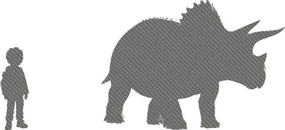 Shadow shapes of Kip and a Triceratops standing side by side, to show how big it was