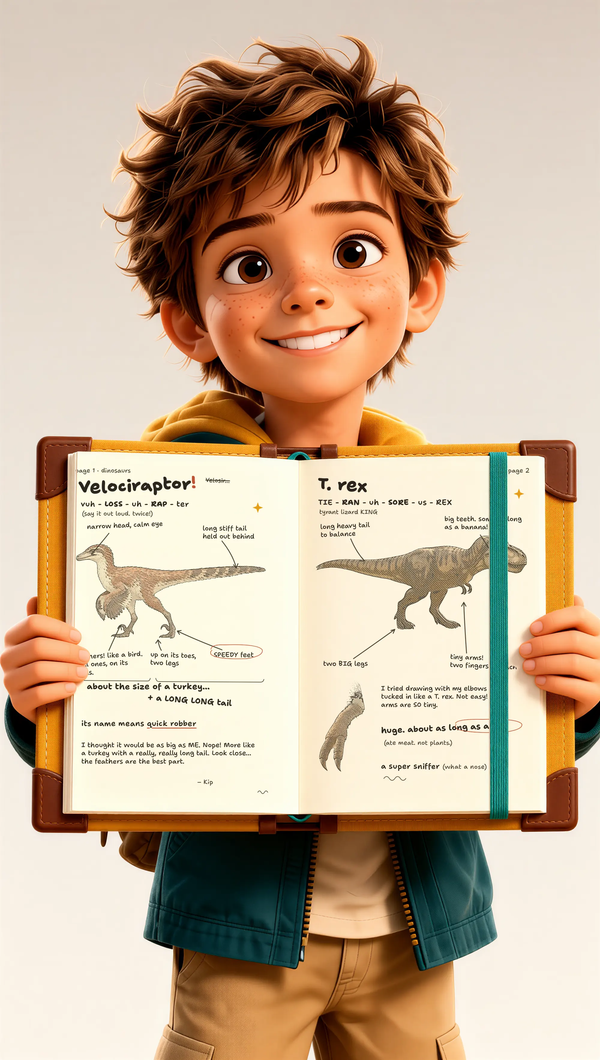 Kip Fieldstone holding his open Field Book toward the camera: two pages of his own pencil drawings and handwritten notes about a Velociraptor and a T. rex