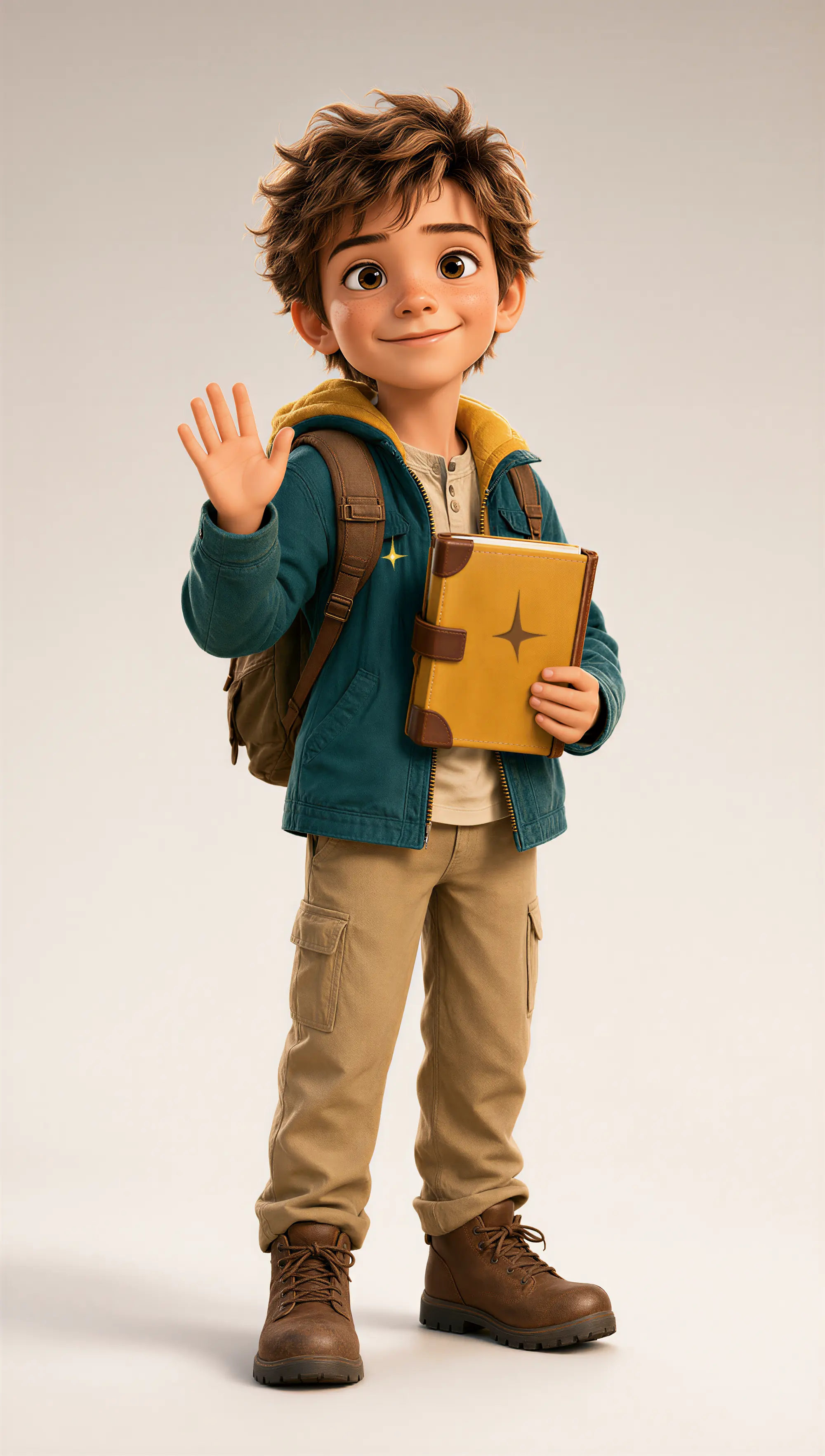 Kip Fieldstone, a ten-year-old explorer in a teal field jacket with a golden hood, waving and holding his golden Field Book