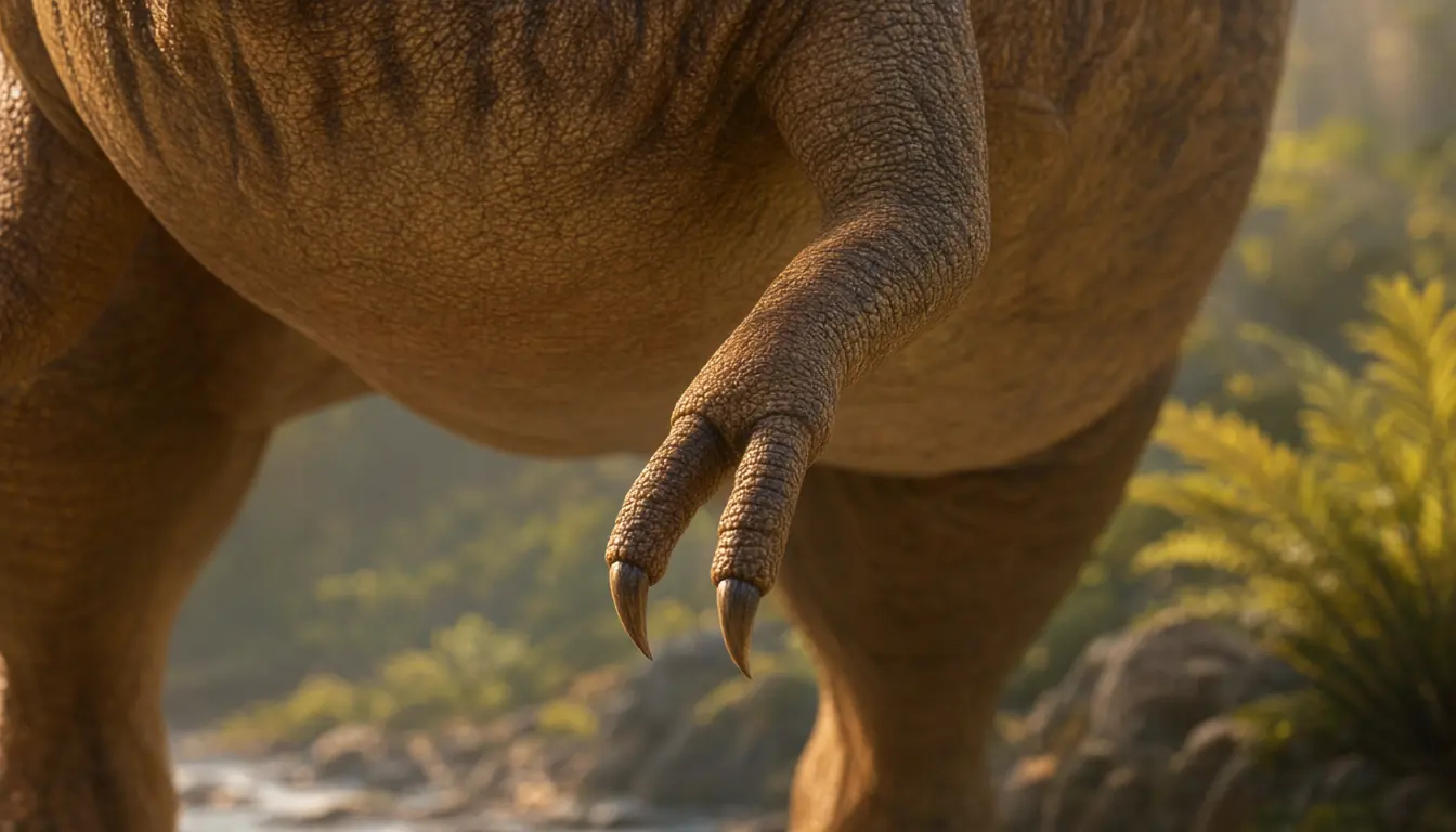 Close-up of a Tyrannosaurus rex's small arm against its huge body, with two clawed fingers on the hand