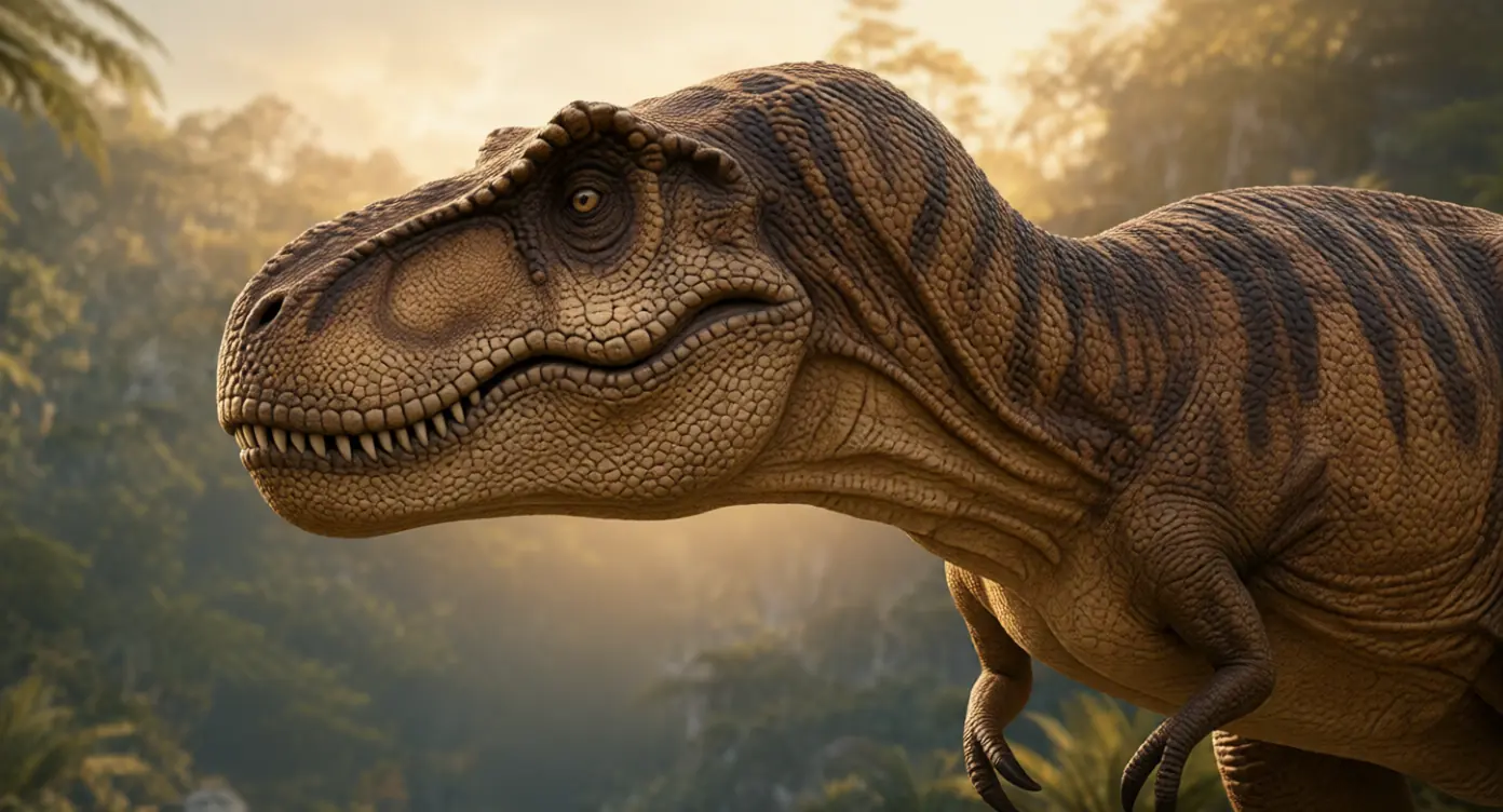 Close side view of a Tyrannosaurus rex head with its mouth closed, showing the deep skull and the edge of its large teeth