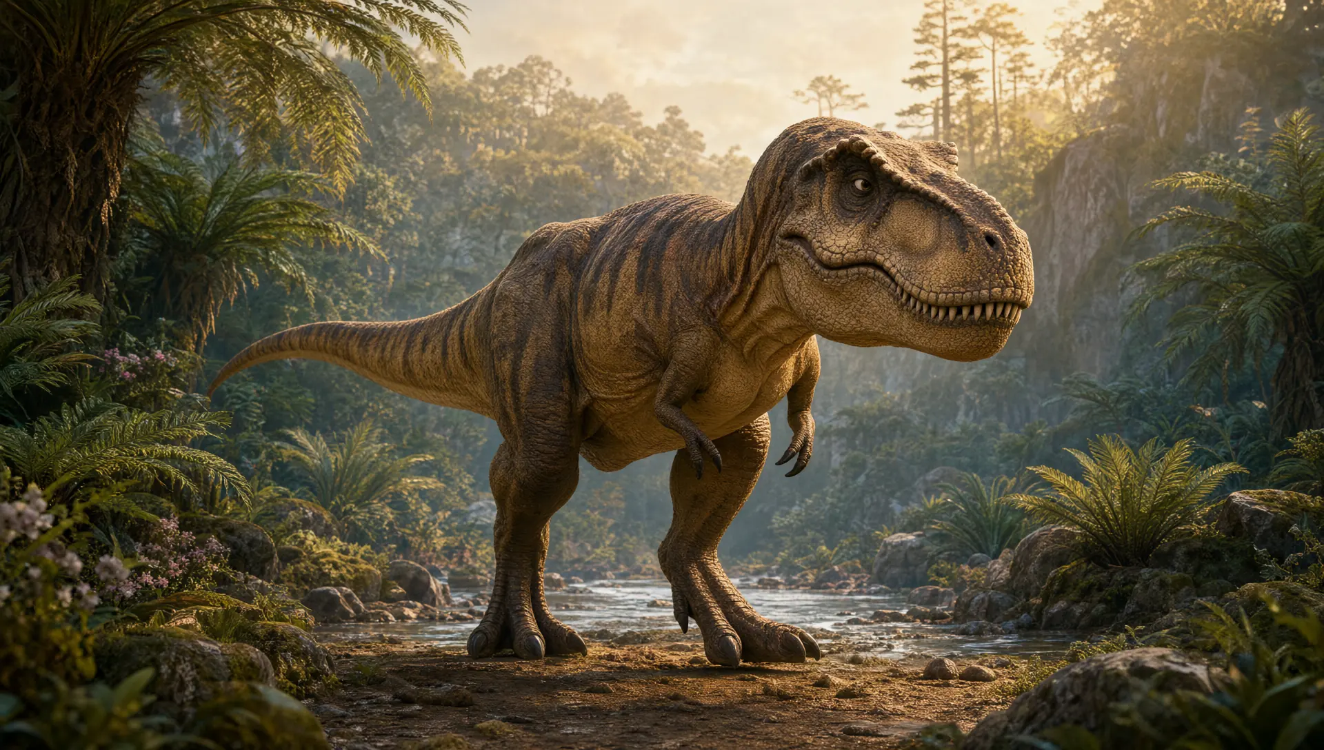 A Tyrannosaurus rex standing in a sunlit prehistoric forest beside a stream