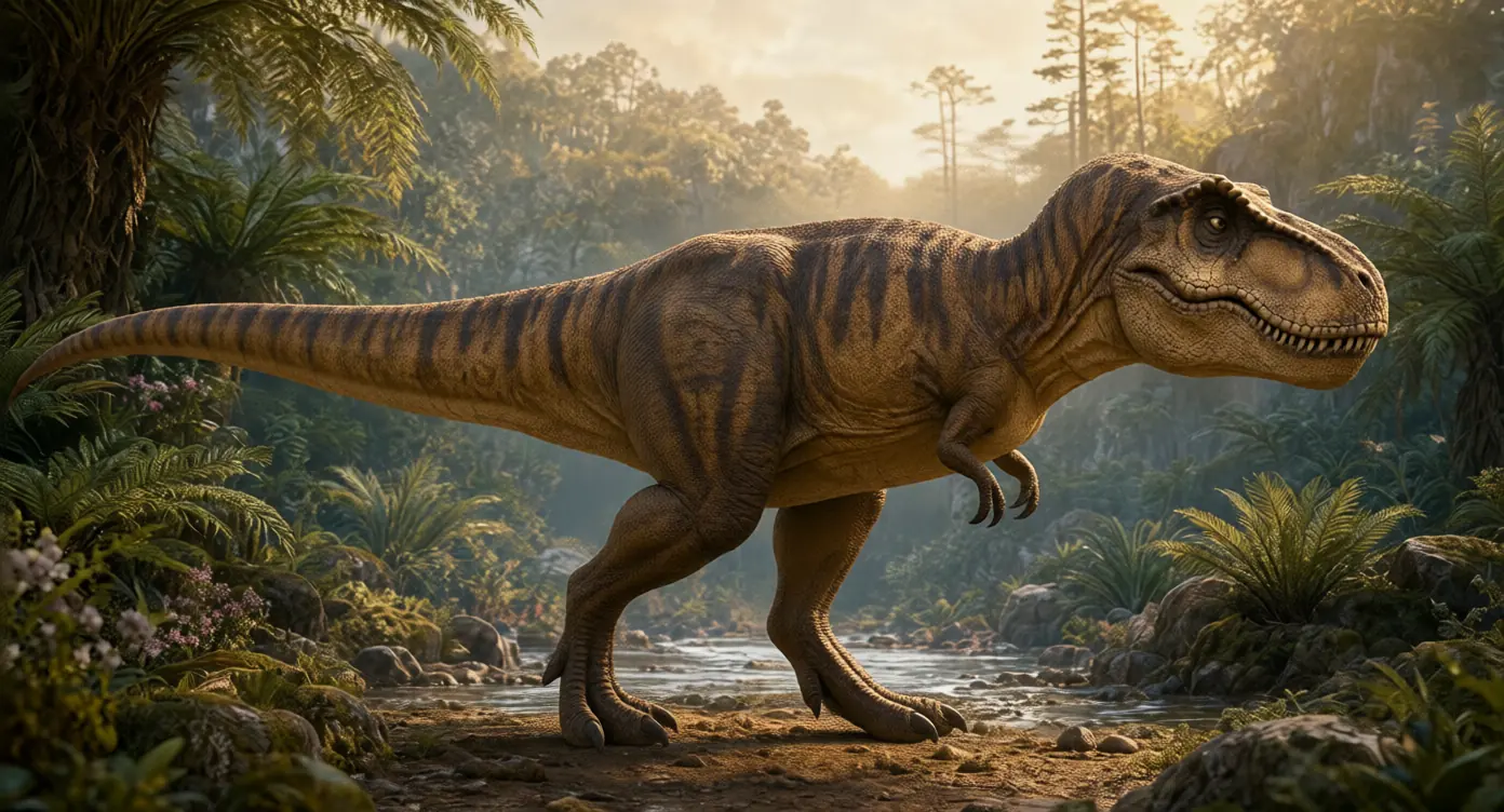 Side view of a Tyrannosaurus rex walking on two legs, its long heavy tail held out straight behind to balance its big head