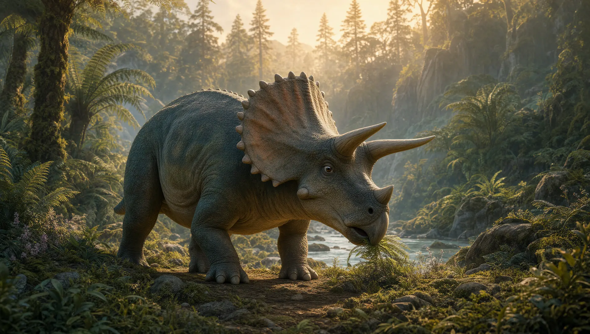 A Triceratops with its head lowered, nibbling low plants with its beak