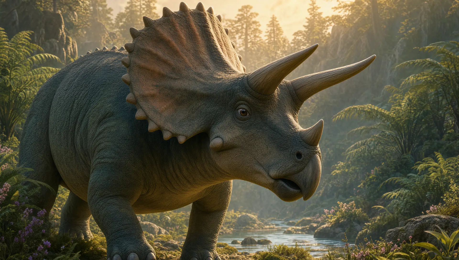 Close-up of a Triceratops head: the frill, the two brow horns, the nose horn and the parrot-like beak