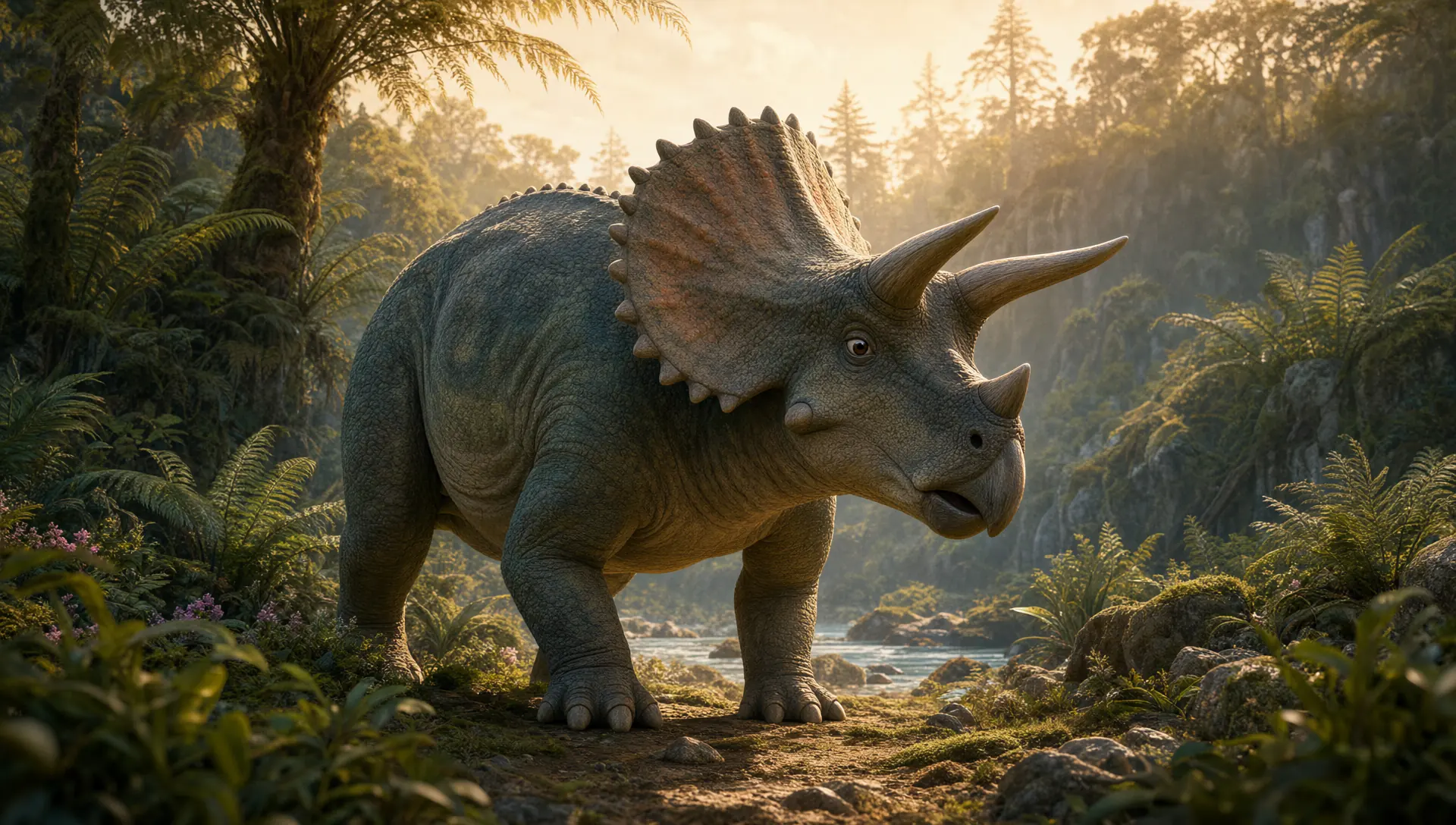 A Triceratops with three horns and a wide frill walking through a sunlit prehistoric forest