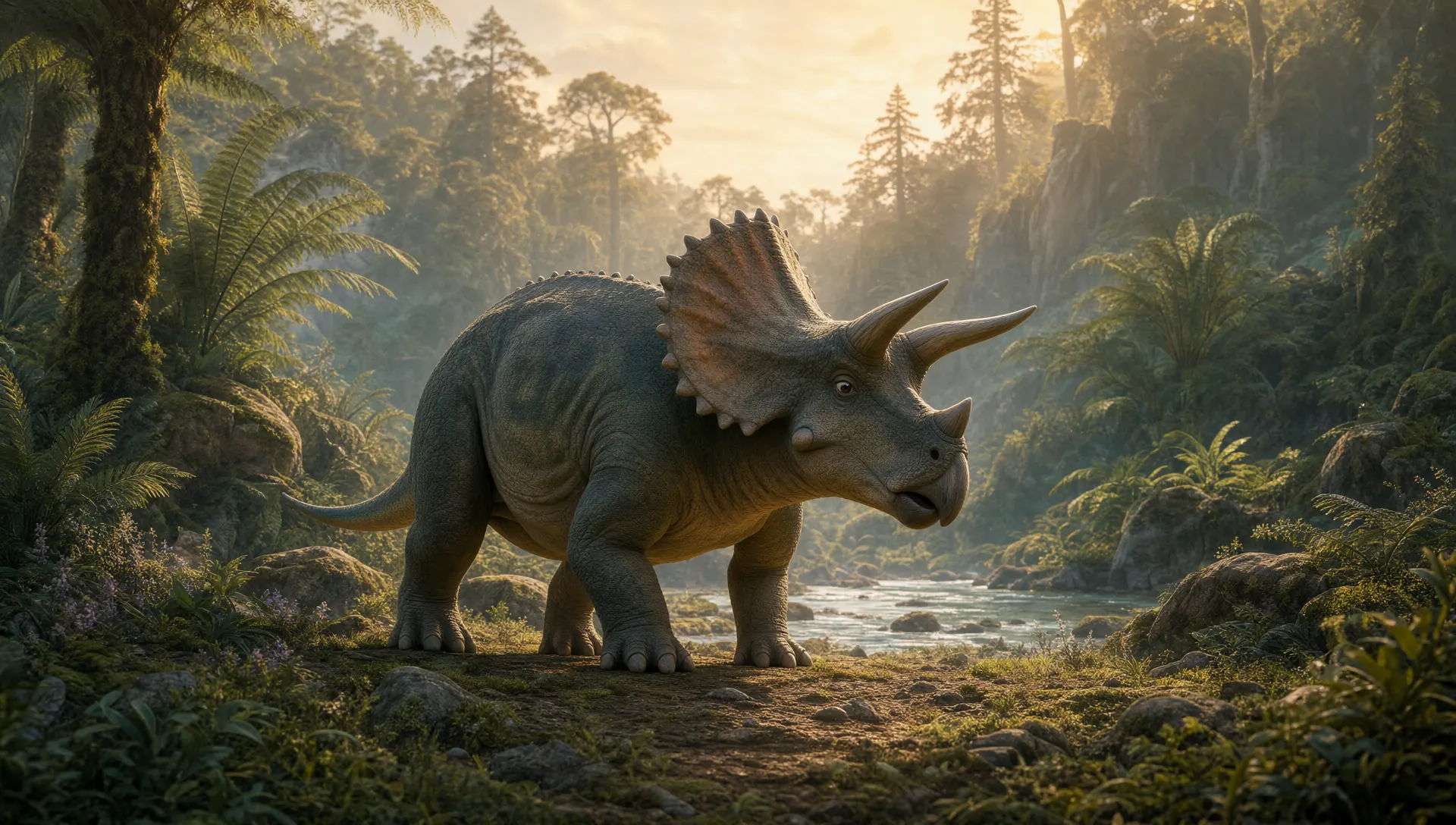 Side view of a Triceratops walking on four thick legs beside a forest stream