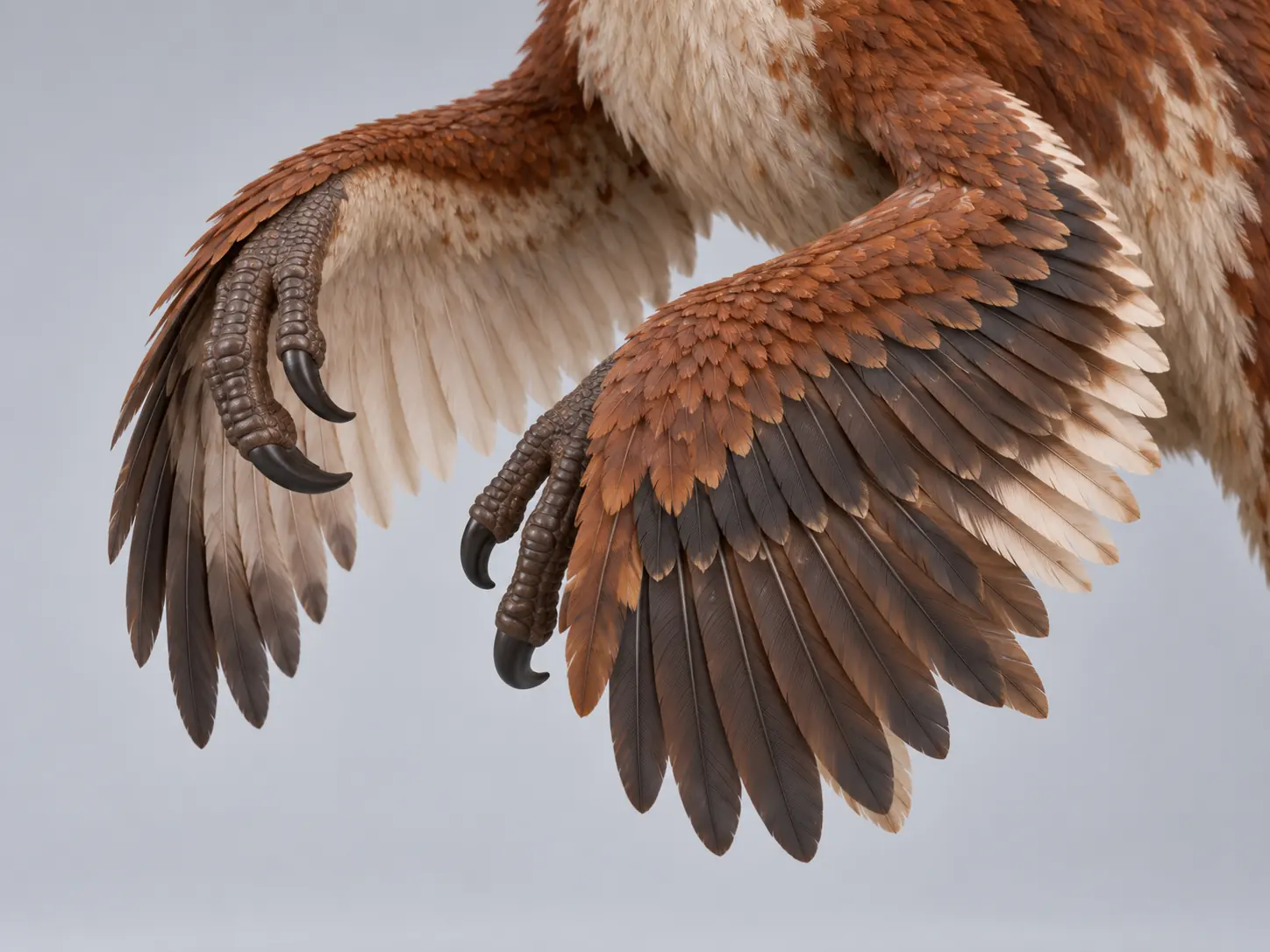 Close-up of the long wing-like feathers along a Velociraptor's arm