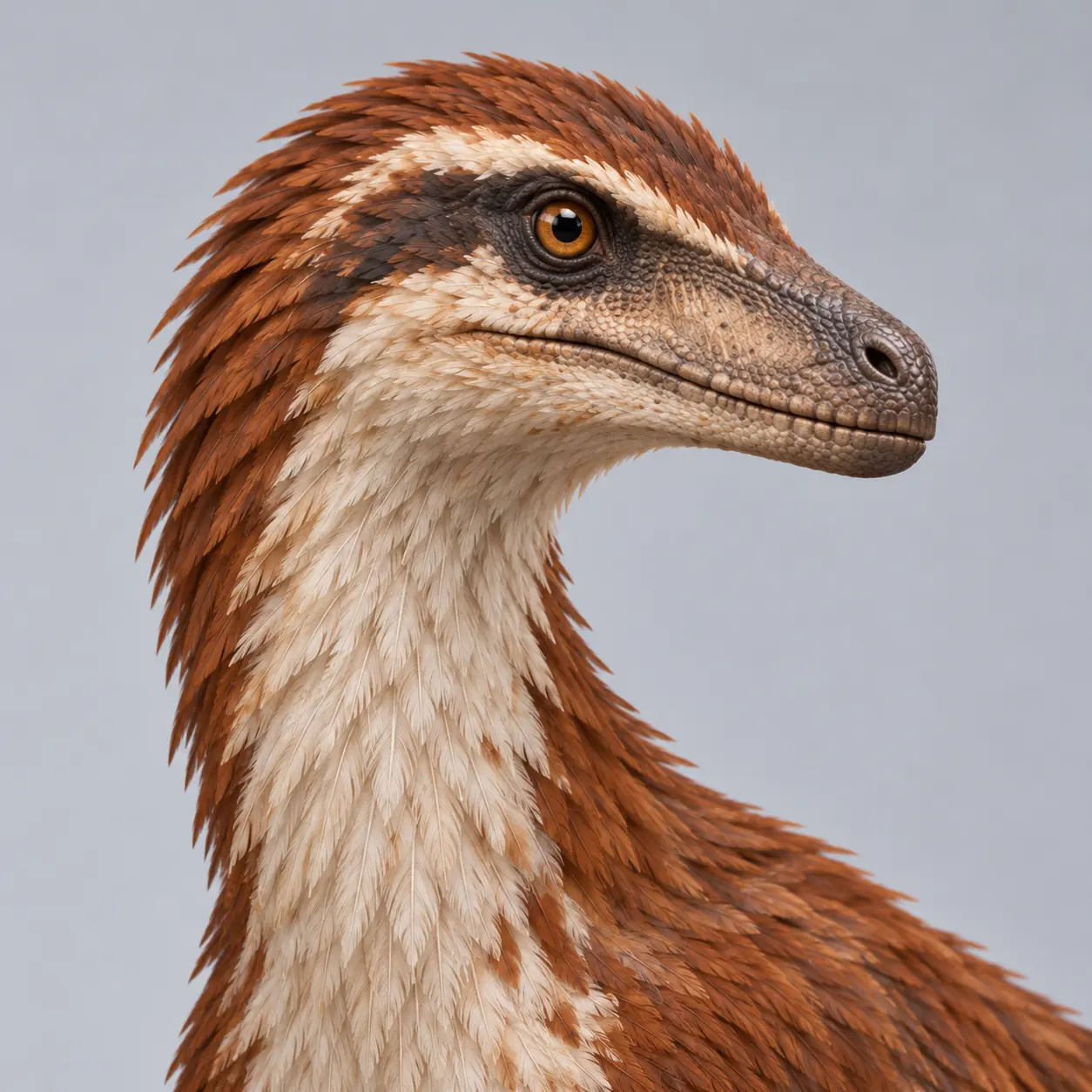 Close-up of a Velociraptor's narrow feathered head with a calm orange eye and closed mouth