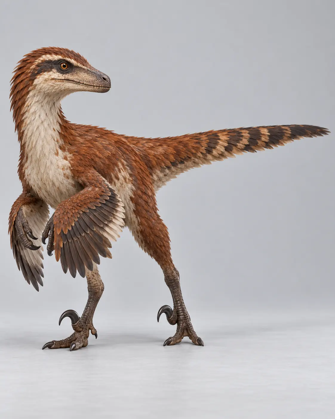 A Velociraptor the size of a turkey, covered in russet-brown feathers with a cream chest, long feathered arms and a long banded tail