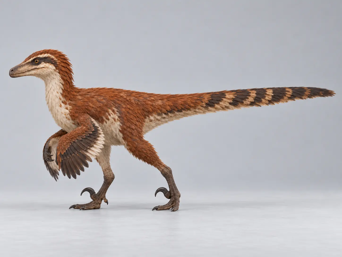 Side view of a feathered Velociraptor showing its long stiff tail held out straight behind its body