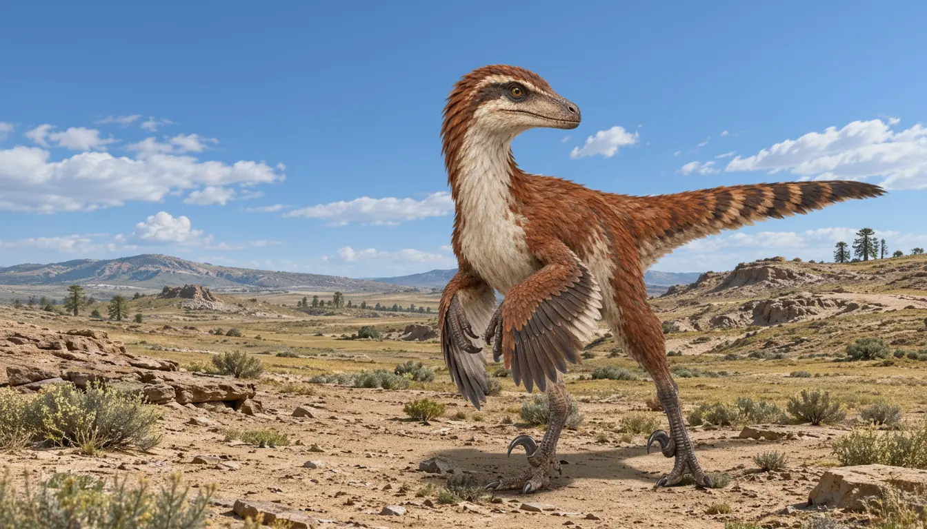 A feathered Velociraptor standing on an open, scrubby steppe under a wide blue sky with soft clouds